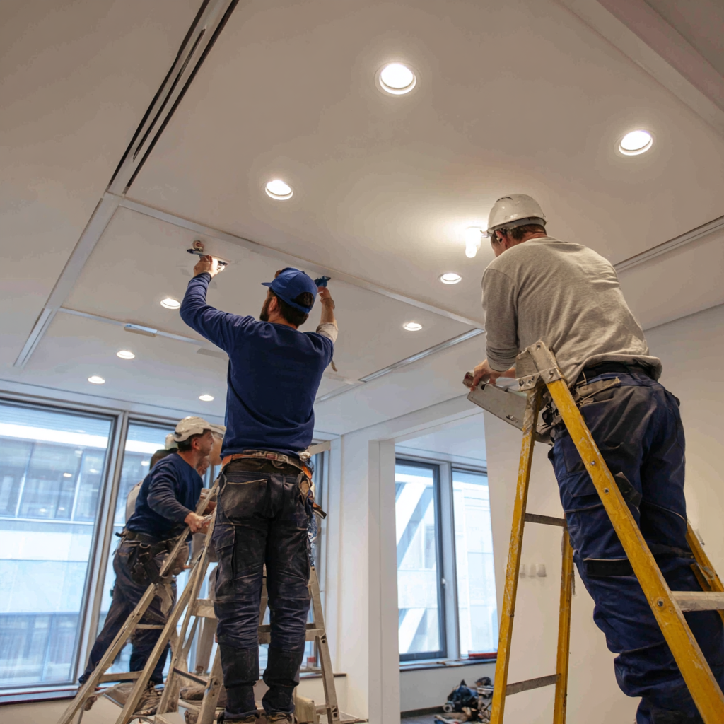 Elektrikár kalibrujúci LED fasádne osvetlenie na komerčnej budove, stredoeurópsky technik, večerné mestské prostredie, chladné