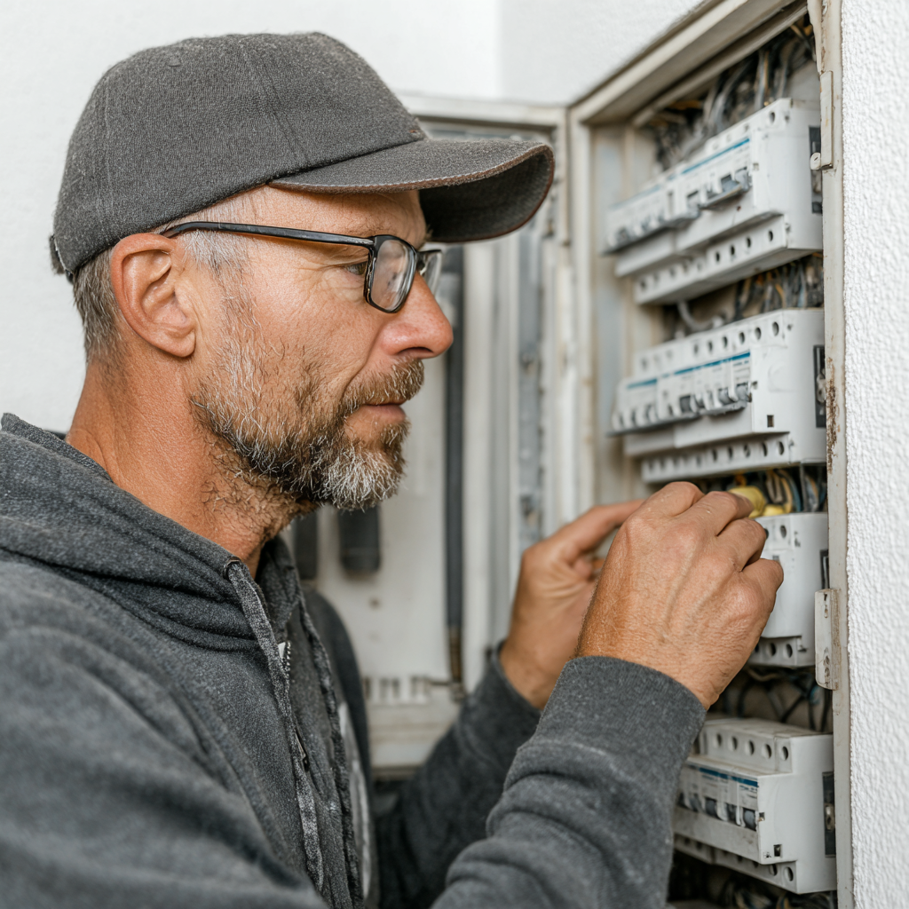 Elektrikár testuje ističe po kompletnej rekonštrukcii elektroinštalácie, stredoeurópsky technik v technickej miestnosti, čisté neutrálne tóny