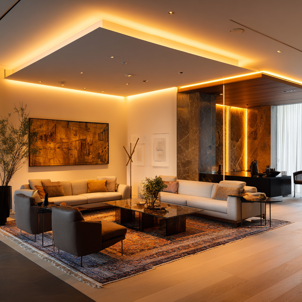 Štýlová obývačka s nepriamym stropným osvetlením, skryté LED pásy vytvárajú jemnú žiaru, elegantné prírodné prvky.
