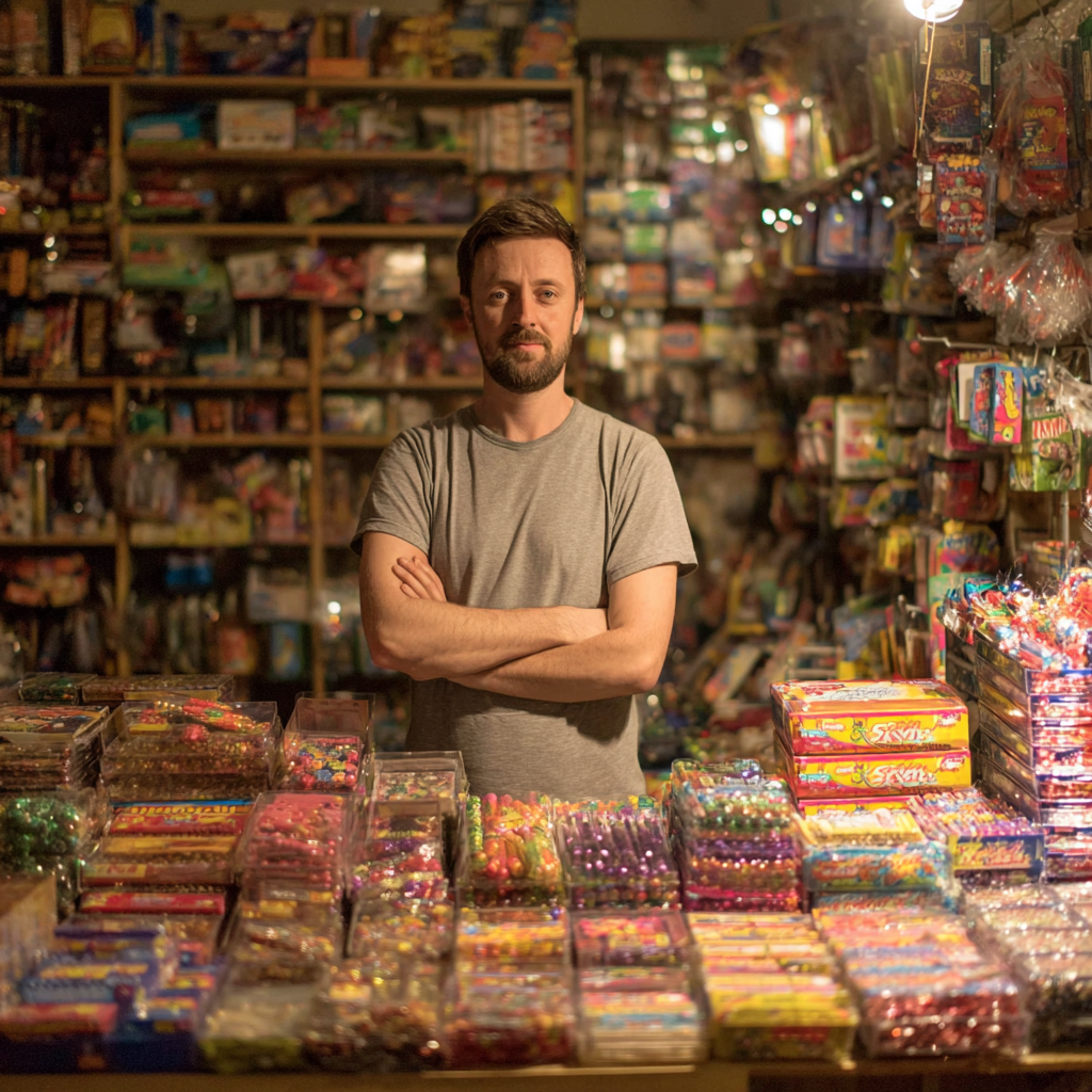 euorpsky muž prdajca zabavnej pyrotechniky pred pultom so širokou ponukou zabavnej pyrotechniky