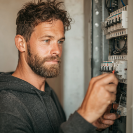 Elektrikár testuje ističe po kompletnej rekonštrukcii elektroinštalácie, stredoeurópsky technik v technickej miestnosti, čisté
