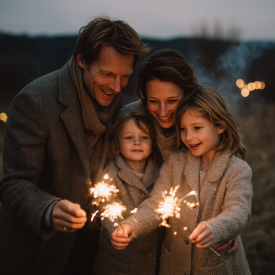 Stredoeurópska rodina spolu zapaľuje prskavky vonku, jemná teplá žiara osvetľuje tváre, decentný dym, neutrálne tóny, bez log